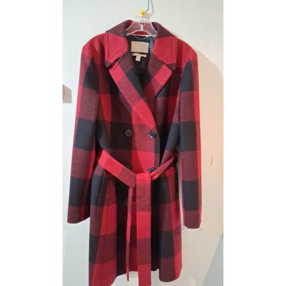 Banana Republic Red Black Buffalo Plaid Italian Fabric Belted Trench Coat XL - Picture 6 of 11